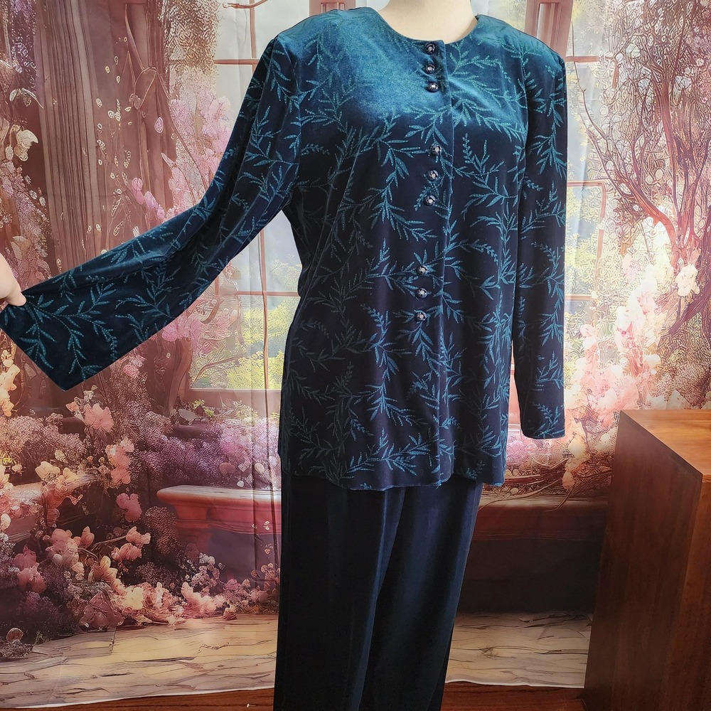 Sag‎ Harbor Dress XL Teal Metallic Velour 2-Piece Pant Set Vintage Leaf Pattern